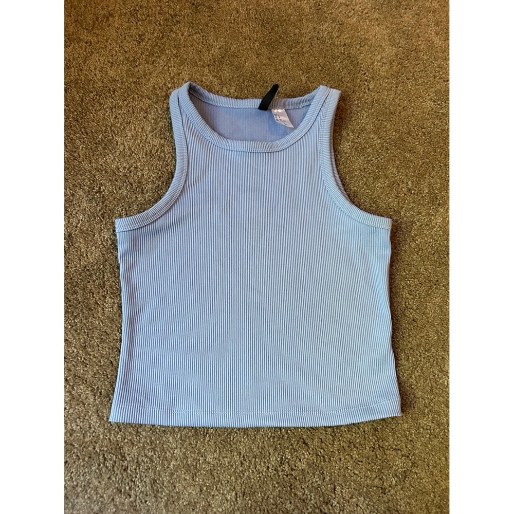 H&M Divided Blue Ribbed Tank Top Racerback Sleeveless Basic Crop Top‎